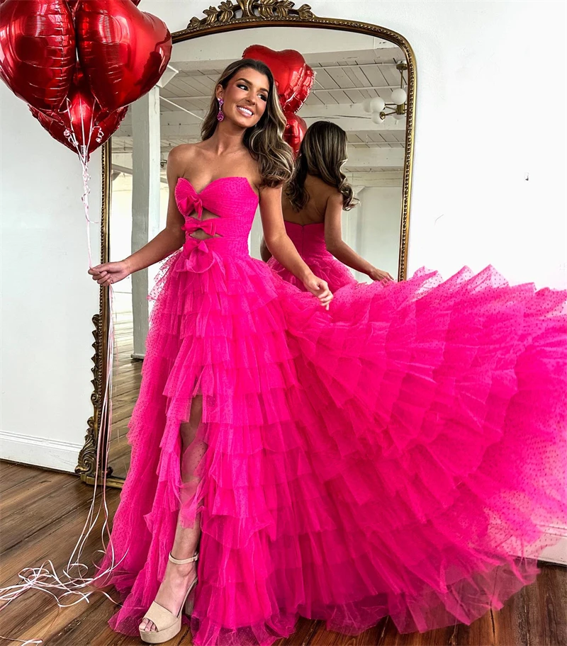 Sexy pinkfarbene Tüll Fee Abschluss ball Party kleid Schatz ärmel los eine Linie Abendkleid mit Schlitz 2024 Abschluss Heimkehr kleider