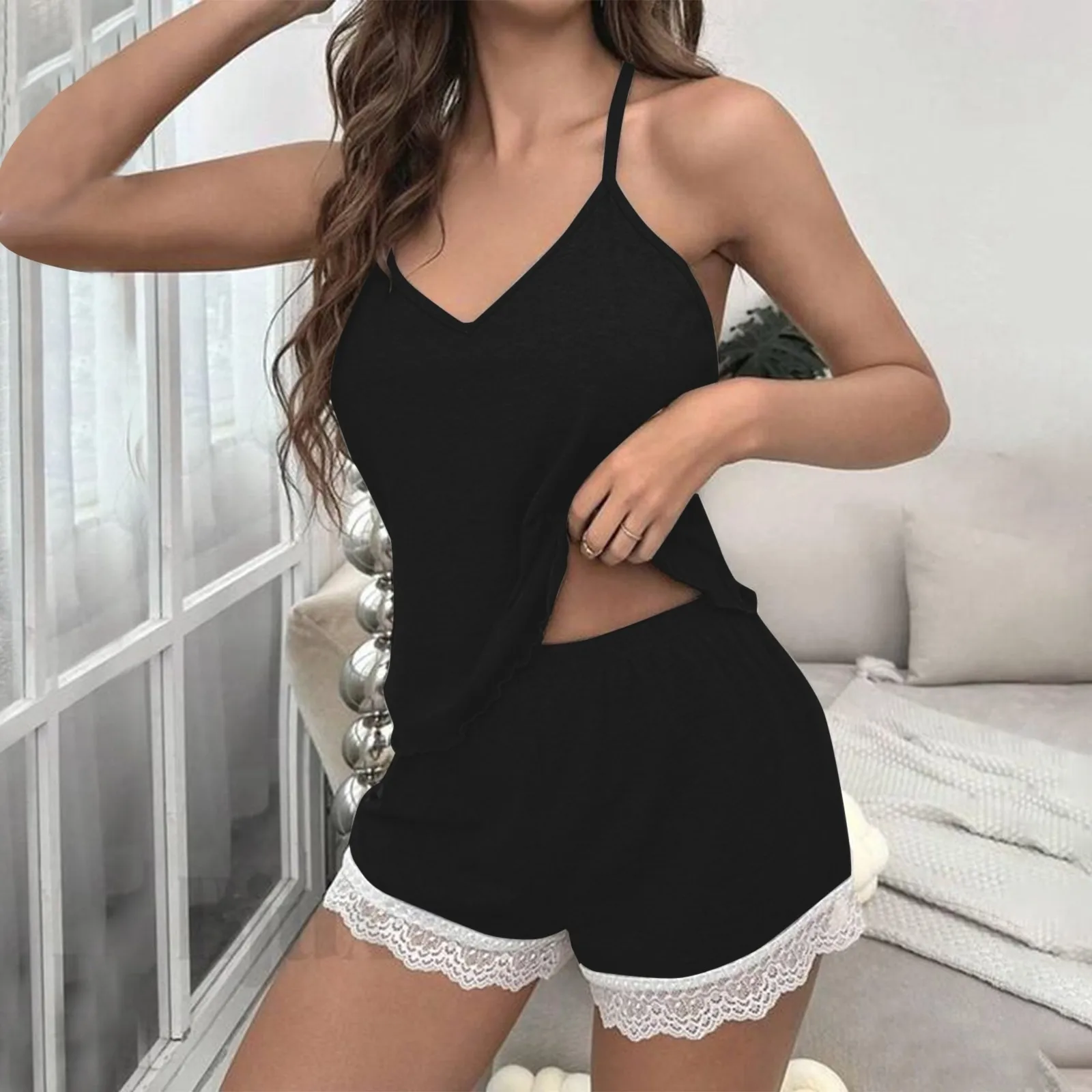 

New Hot Sale Women's Sexy Pajamas Pajama Pants Set Ladies White Lace V-Neck Camisole Pajamas Shorts Pajamas 2 Piece Sets Set