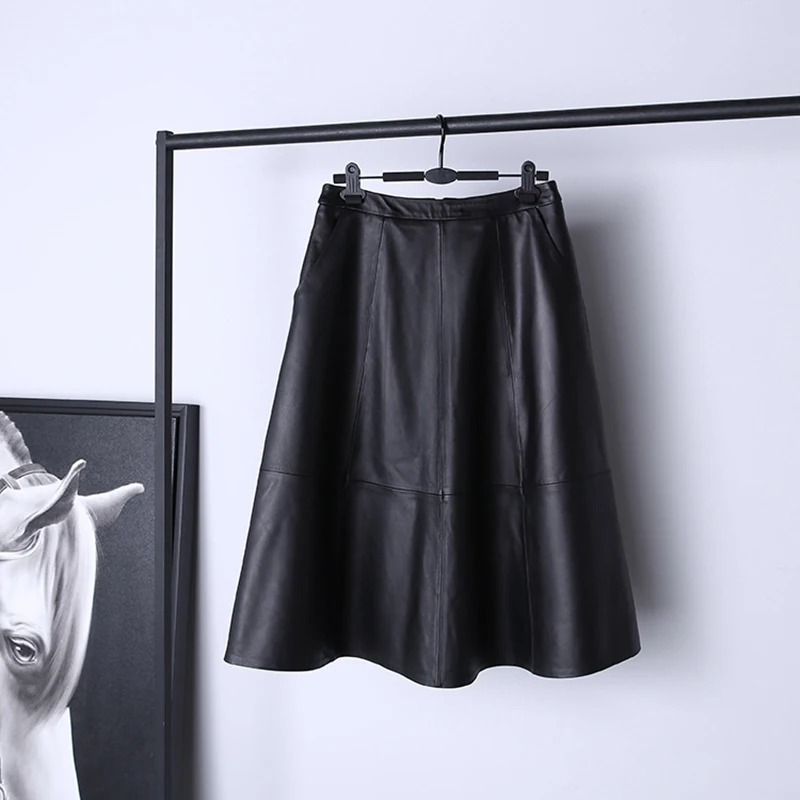 Ombrello Gonne Donna Vera Pelle Vita alta Orlo grande Tre colori Abito di media lunghezza Mujer Pelle di pecora A-line Faldas Cortas