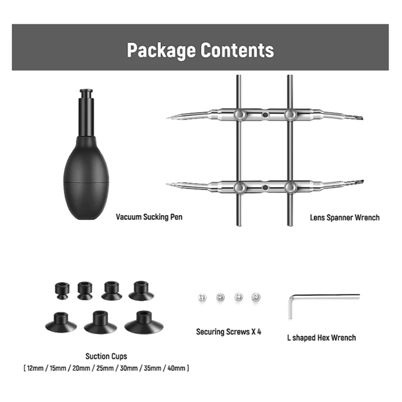 Lens Sucker and Spanner Kit, IC Pick-Up Vacuum Suction Pen with 7 Interchangeable Suction Cups and Curved Tips