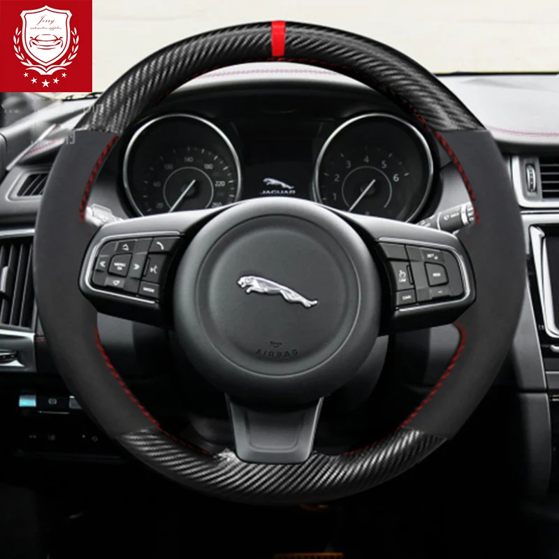 Car Accessories For Jaguar F-PACE F-TYPE XEL XF XFL E-PACE XJ DIY Black Suede Carbin Fible Car Steering Wheel Cover Interior