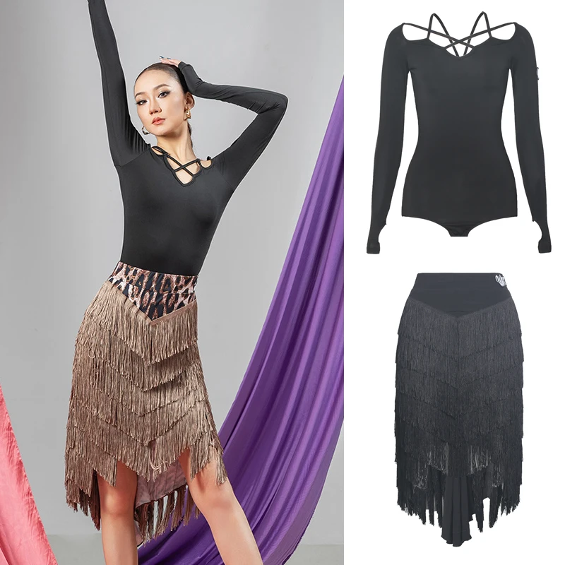 

Модный костюм для соревнований по латинским танцам, одежда для бальных танцев для взрослых, женский черный топ для латинских танцев, юбка с бахромой, сценический костюм SL14383