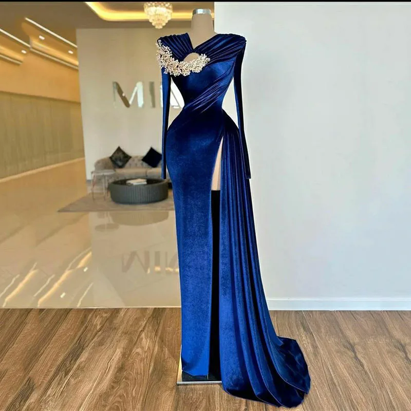 

SoDigne Royal Blue Elegant Side Split Velvet Mermaid Evening Dresses Long Sleeves Lace Pears Beads Pleats Formal Prom Gowns