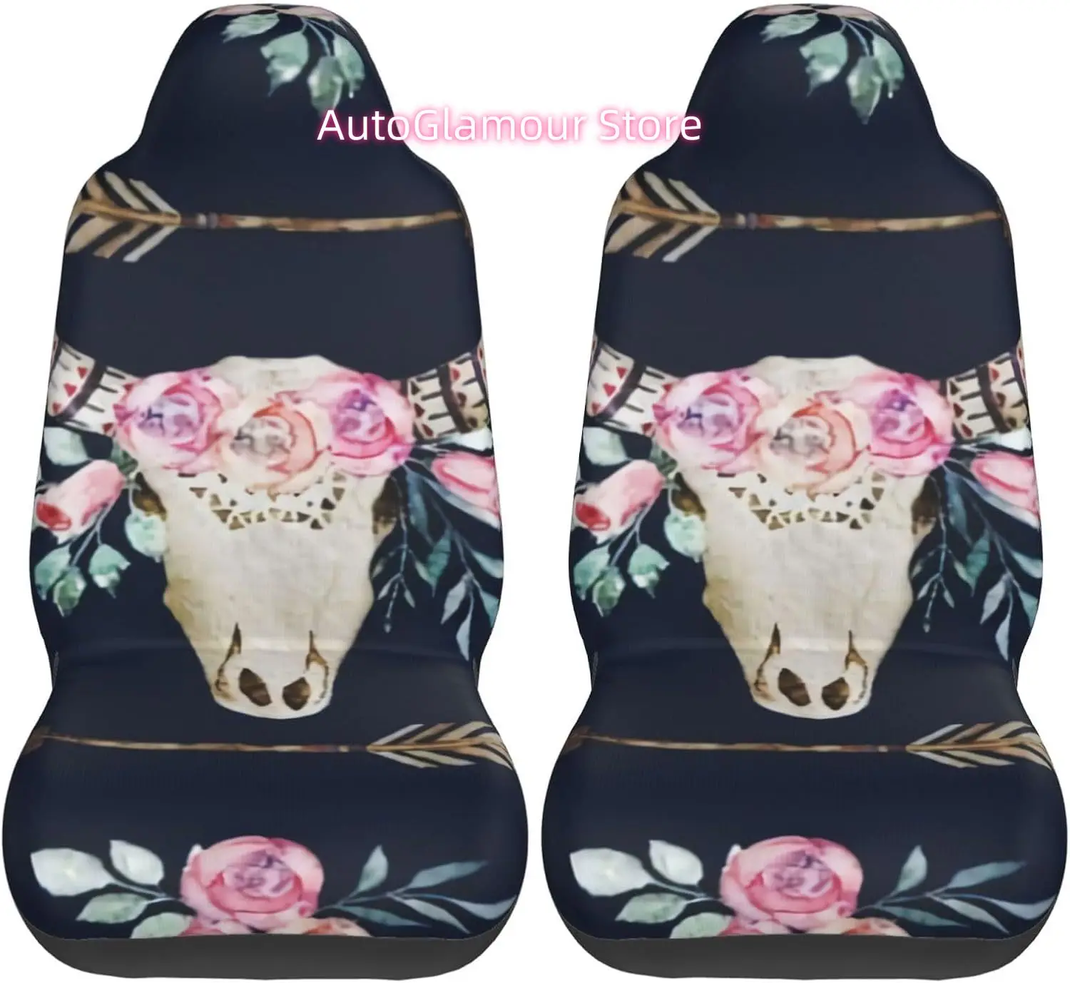 Bull Skull Arrow Floral Watercolor Boho 2-Piece   Seat Cover Complete Set - Elastic Seat Protection Cover for Cars,