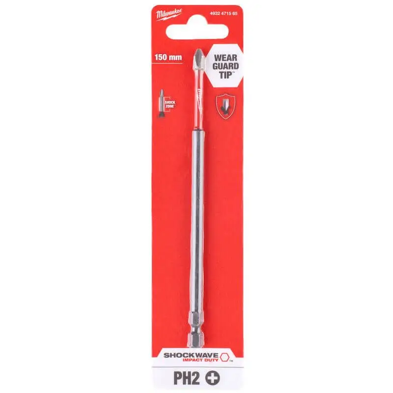 Milwaukee 4932471565 SHOCKWAVE Impact Duty PH2 X 150mm Screwdriver Bit, Shock Zone Anti-Breakage 1/4 Hex Shank for Impact Driver