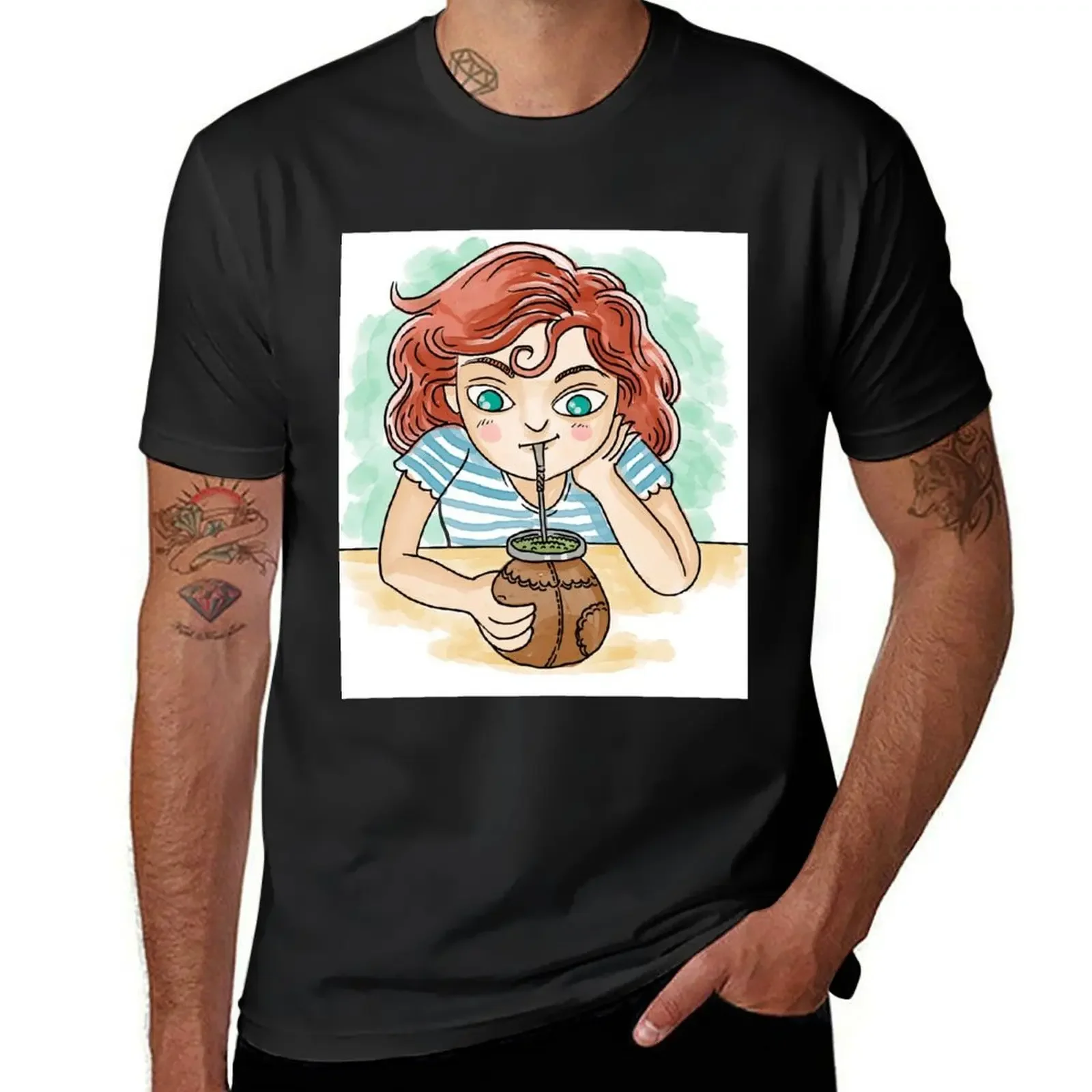 girl drinking yerba mate hot infusion T-Shirt aesthetic clothes cute tops summer clothes tee shirts for men