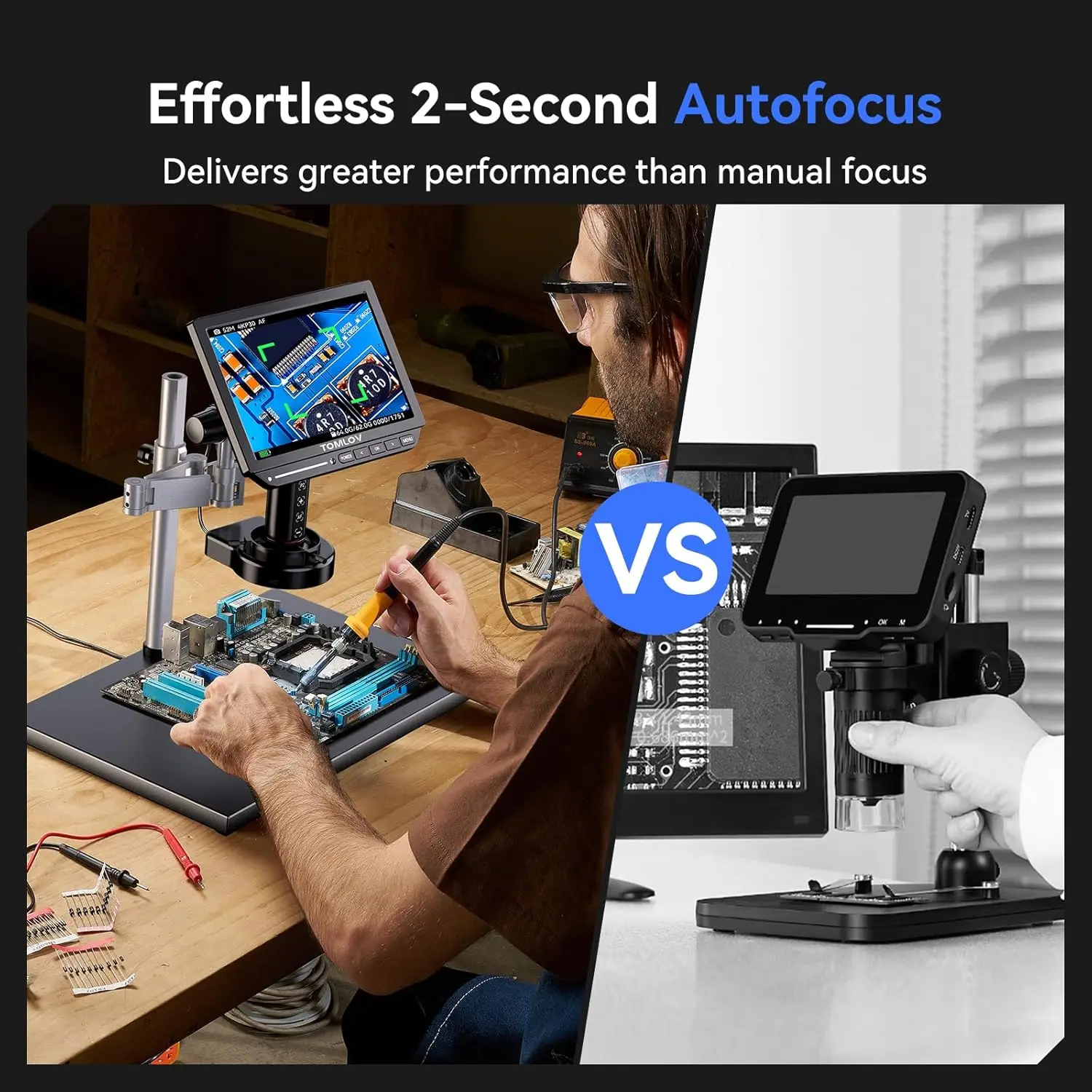 TOMLOV Autofocus Microscope 4K 10.1' HDMI Digital Microscopes TM4K-AF Max Soldering Microscopio LED Light for Electronic Repair