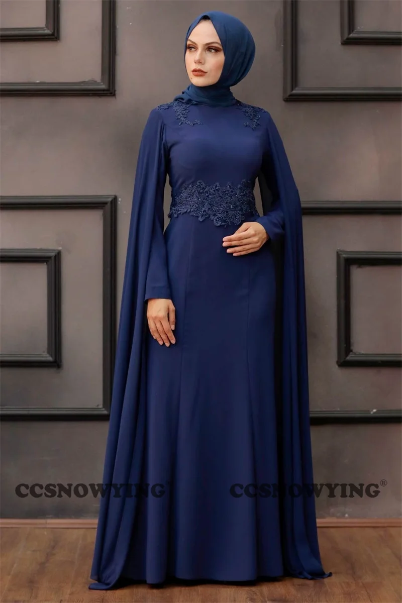 

Muslim Chiffon Appliques Evening Dresses Long Sleeve with Cape Islamic Prom Dress Women Hijab Formal Party Gown Robe De Soiree