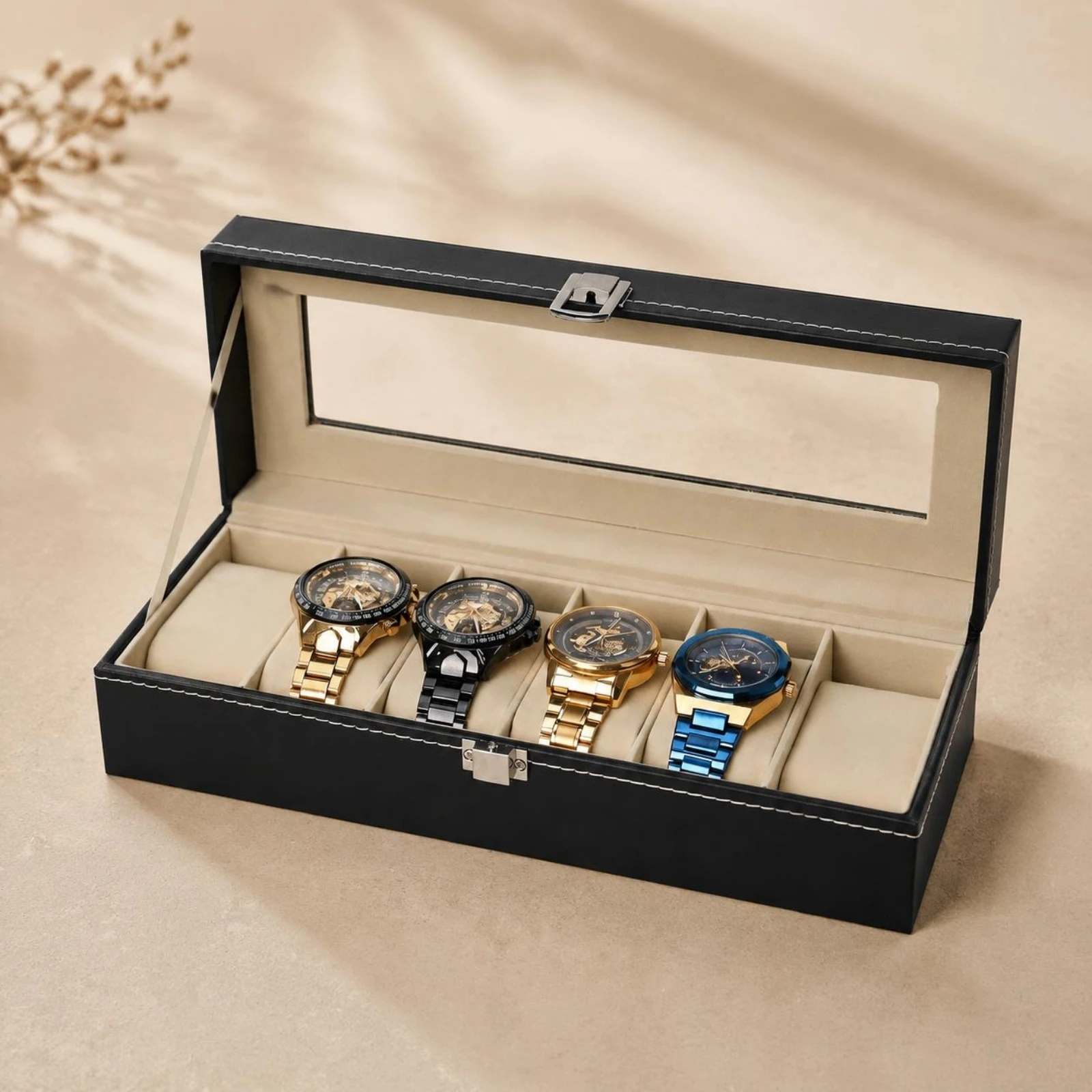 Watch Display Case Glass Lid Watch Storage Box Stitched Finish Hard Shell