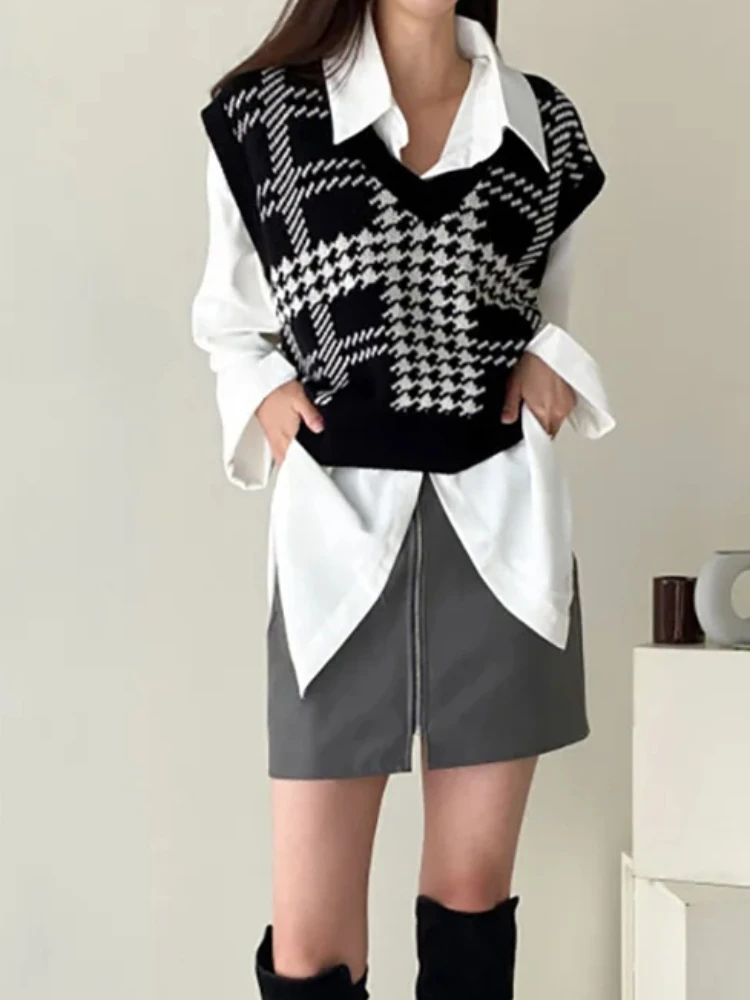 اسكواش houndstooth مخطط سترة سترة المرأة الخامس الرقبة محبوك تانك القمم أكمام الدبابات عادية تريكو الشتاء الخريف #4