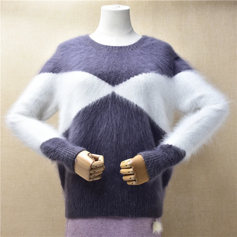 Ladies Women Spring Autumn Clothing Colored Hairy Mink Cashmere Knitted O-Neck Long Sleeves Slim Blouses Pullover Angora Sweater