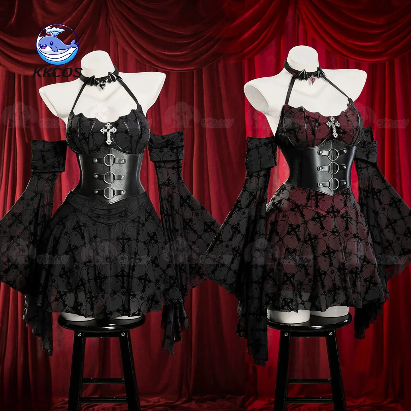 Vestido Halter Gótico Original de KKCos para Mujer, Disfraz de Cosplay de Halloween, Atuendo de Estética Oscura para Fiesta de Noche