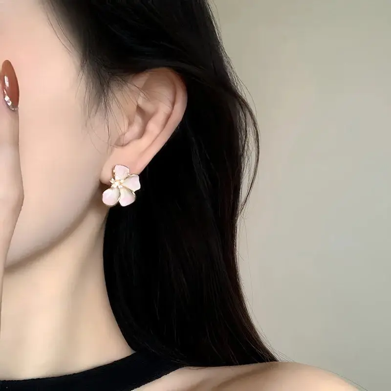 New Trendy Pink White Flowers Stud Earrings for Women Girls Post Spring Summer Cute Jewelrys Gifts