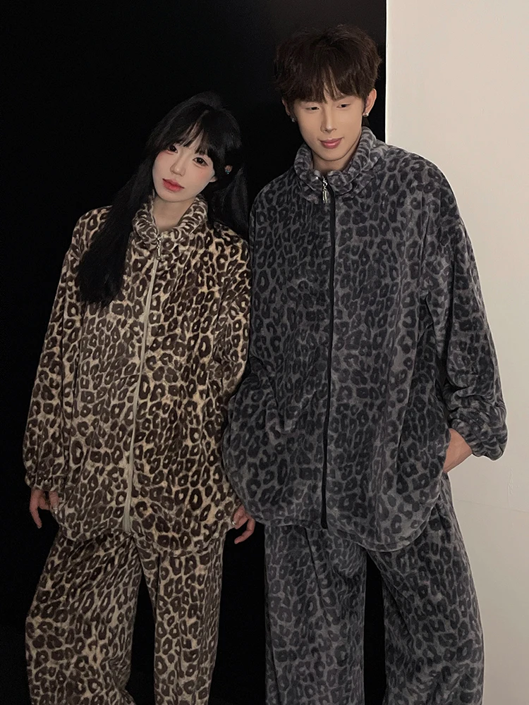 다이멜루 레오파드 프린트 잠옷 세트 남성용 파자마 가을 코랄 플리스 플란넬 고급 두꺼운 겨울 라운지웨어 수트