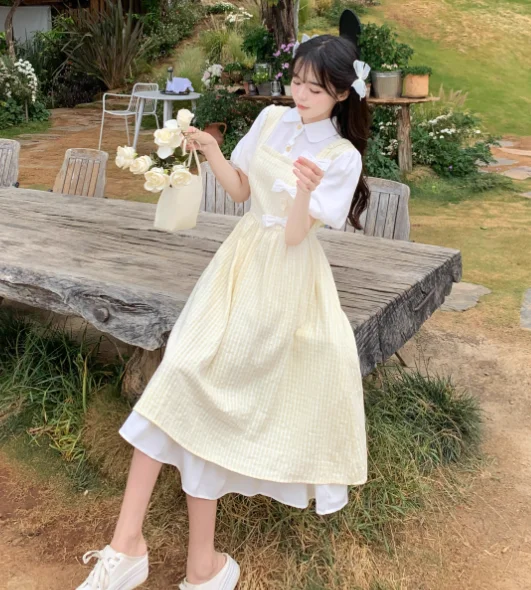 Tamanho grande suave menina verão emenda faculdade vestidos xadrez japonês falso de duas peças reduzindo a idade doce lolita moda vestido