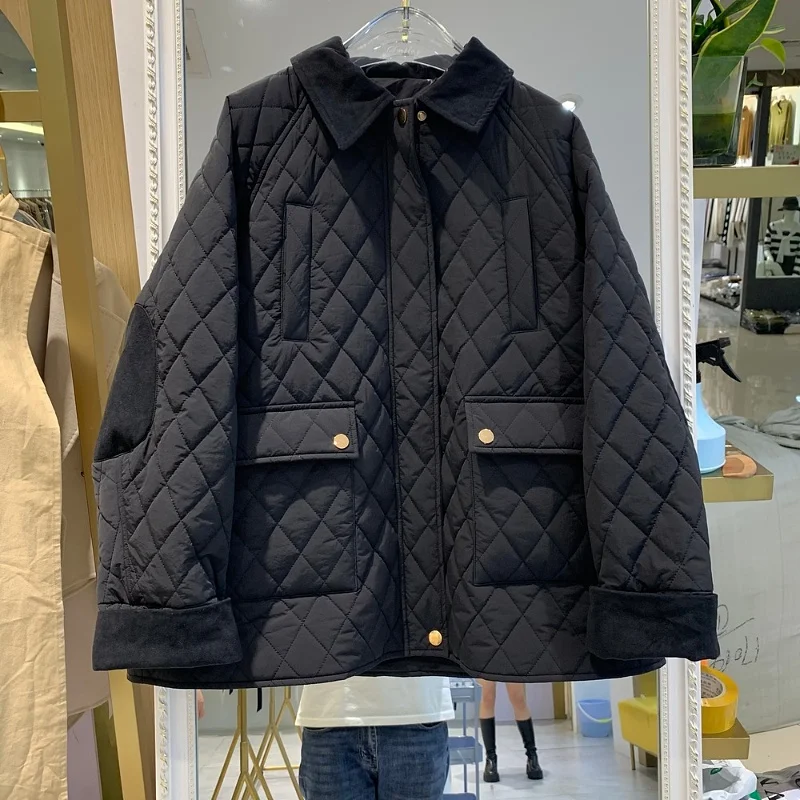 Loose Women's Retro Cotton Jaet Color Blo Winter Coat Korean Sle  Collar Single Button Long Sve Thiened Polyester