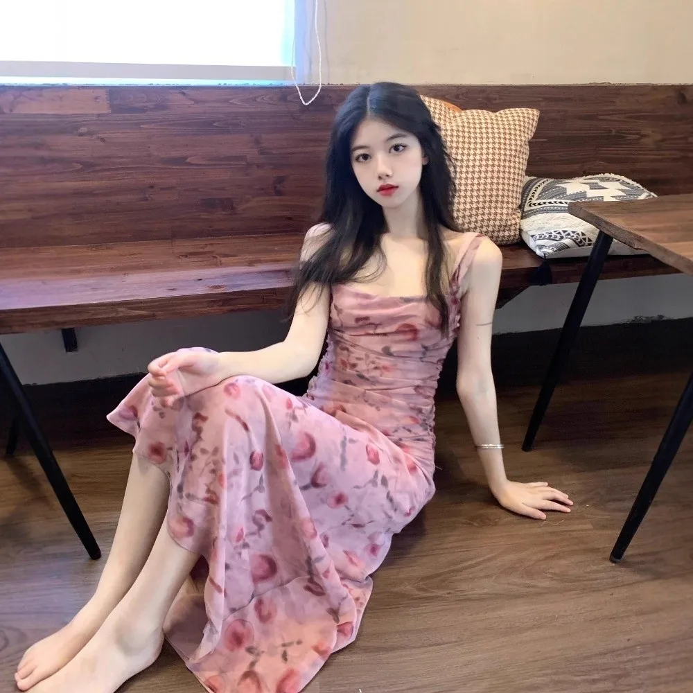 Slim Fit Floral Slim Long Dress Sleeveless Flower Women Long Skirt Spicy Girl Temperament Korean Camisole Dress Vacation Party