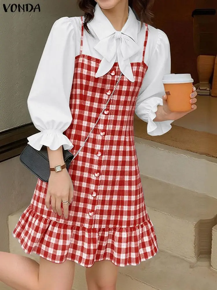VONDA 보헤미안 짧은 드레스 여름 여성 3/4 퍼프 슬리브 캐주얼 격자 무늬 베스 티드 루즈 라펠 러플 스트리트 패치 워크 파티 로브