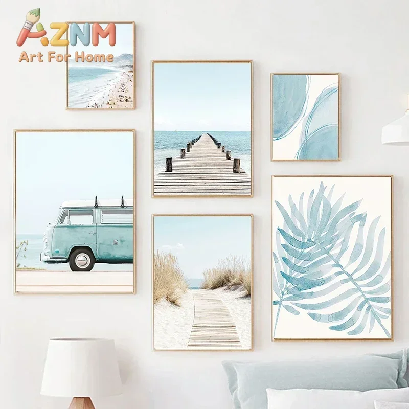 AZNM Coastal Beach Canvas Wall Art Light Blue Seaside Pier Vintage Camper Van Palm Leaf Watercolor Frameless Print Poster for Ho