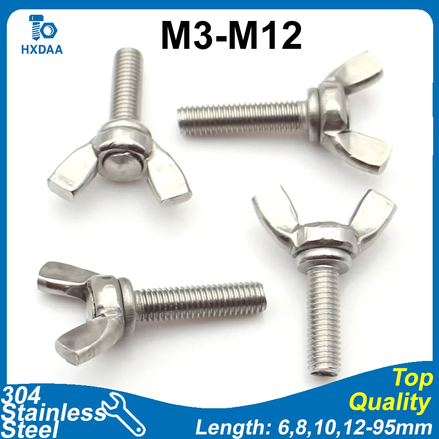 M3 M4 M5 M6 M8 M10 M12 304 Stainless Steel Butterfly Thumb Bolts A2-70 Wing Head Screws Hand-Tighten Design