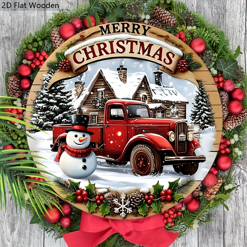 2D Flat, 1pc, 7.87in Christmas Wooden Sign with Classic Red Pickup & Snowman Pattern Design - Merry Christmas Round Sign for Fro