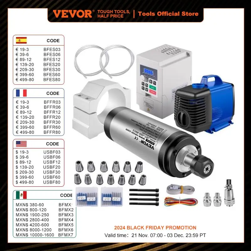 VEVOR 2.2KW ER20 110V Water Cooled Spindle Motor Kit Water Cooling Spindle & Inverter & 80mm Spindle Bracket & 75W Water Pump