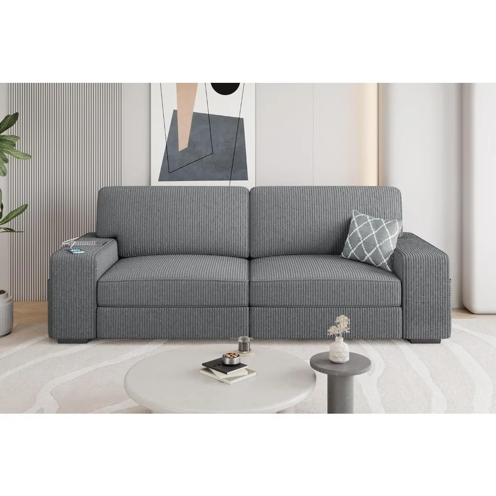 83.5-inch Wide Modern Sofa Bed, Corduroy Fabric Sofa, with USB Charging Port and Side Storage Bag