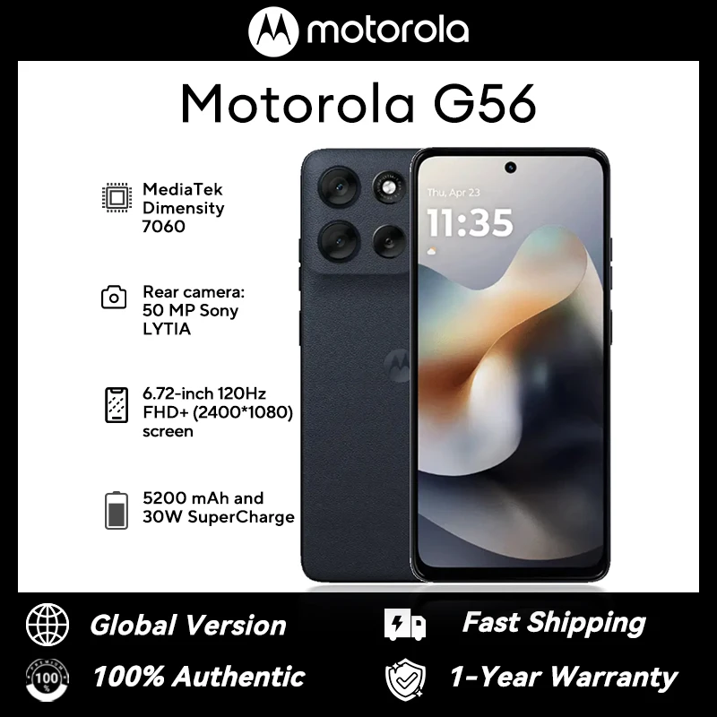 شاشة موتورولا موتو G56 6.72 بوصة كاملة 5200 مللي أمبير في الساعة أندرويد 15 50 ميجابكسل 30 وات NFC الإصدار العالمي 100% جديد