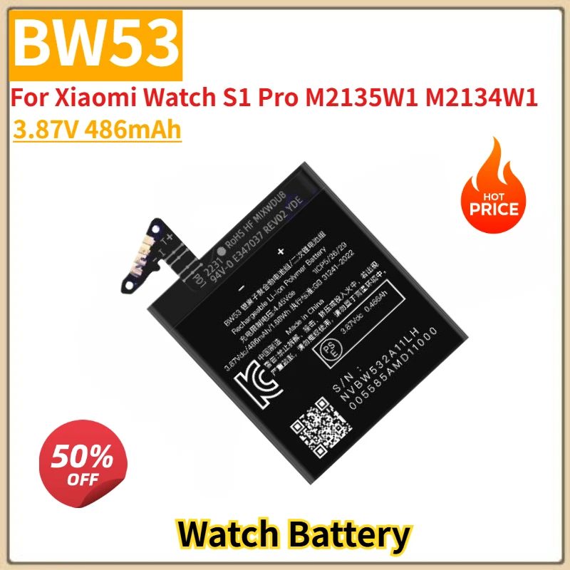 

High Quality BW53 Watch Battery 3.87V 486mAh For Xiaomi Watch S1 Pro M2135W1 M2134W1 Brand New Replacement Battery