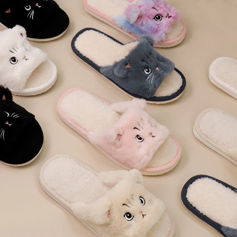 Cute Cat Plush Slippers For Couples Women Warm Fuzzy Flip Flops Men Cartoon Animal Open Toe House Slides Soft EVA Indoor Shoes