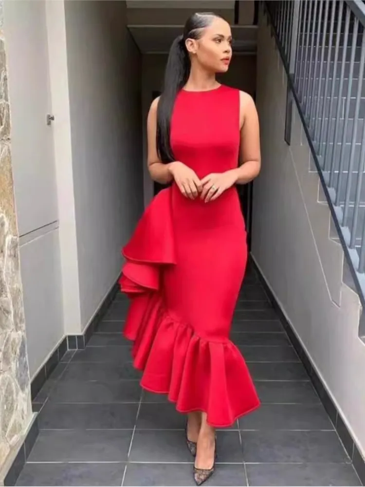 

New Fashion Summer Dress For Women Casual Solid Ruffle Hem Irregular Sleeveless Party Birthday Wedding Maxi Long Dresses Woman