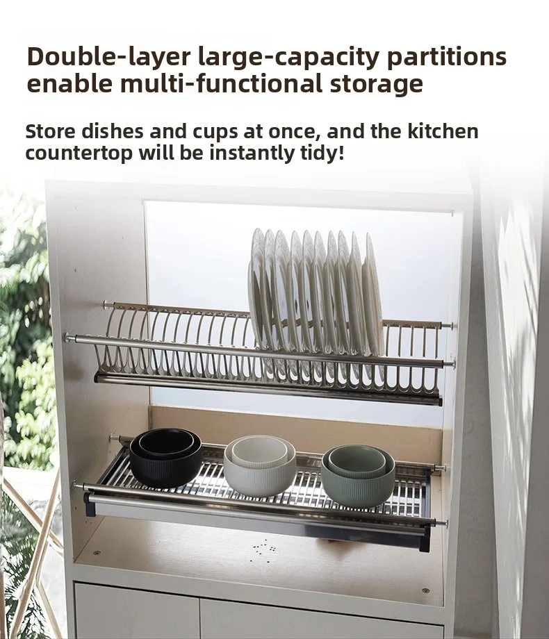 -oo Stainless Steel Pull-Out Dish Rack Multi-Tier Drawer Organizer for Kitchen Cabinets Wall Mounted Plate & Bowl Storage Shelf
