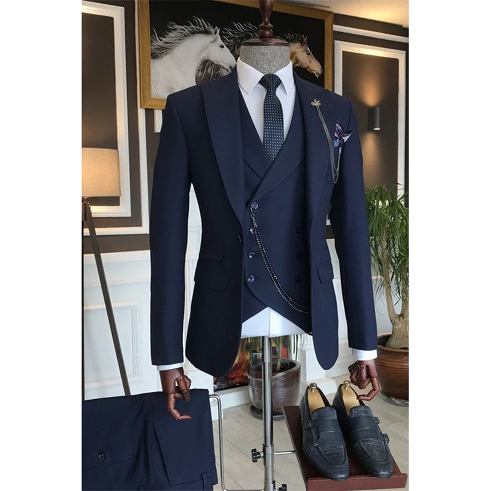 

Elegant Men's Suits 3 Piece Jacket Vest Pant Sets High Quality Formal Occasion Single Breasted Peak Lapel Male Business Clothing