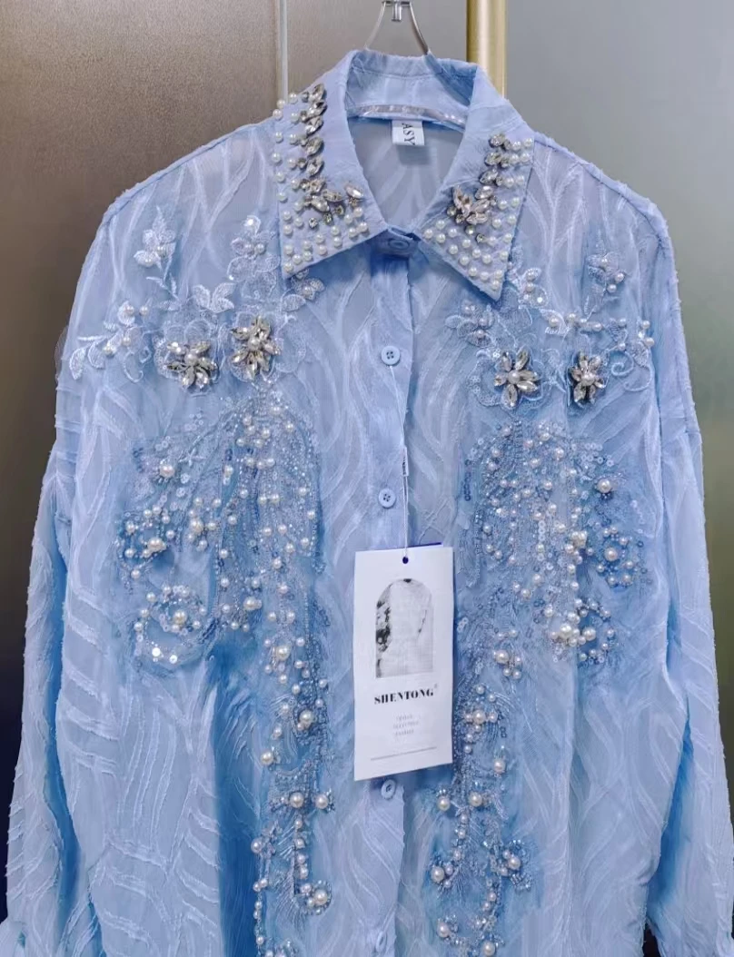 

New In Sparkle Pearls Diamonds Embroidery Oversize Shirts Blouses For Women's Long Sleeve Loose Casual Sunscreen Tops Blusas