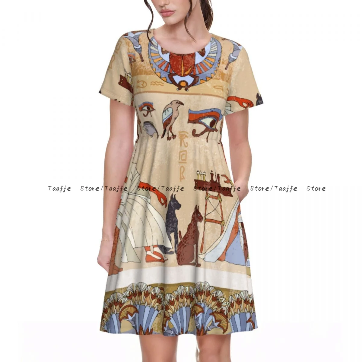 

Summer Women's Short Sleeve Waist Dress Women Murals Ancient Egypt Egyptian Gods Hieroglyphic Carvings Round Neck Casual Dress