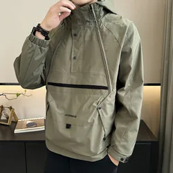 Men's Outdoor Pullover Hooded Jacket Solid Color Zipper Pocket korea Style Loose Casual Workwear Simple Assault Jacket