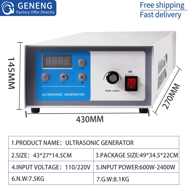 Ultrasonic Generator for Industrial Cleaning Machine 600W-3000W Power Adjustable Timing Remote Control Transducer