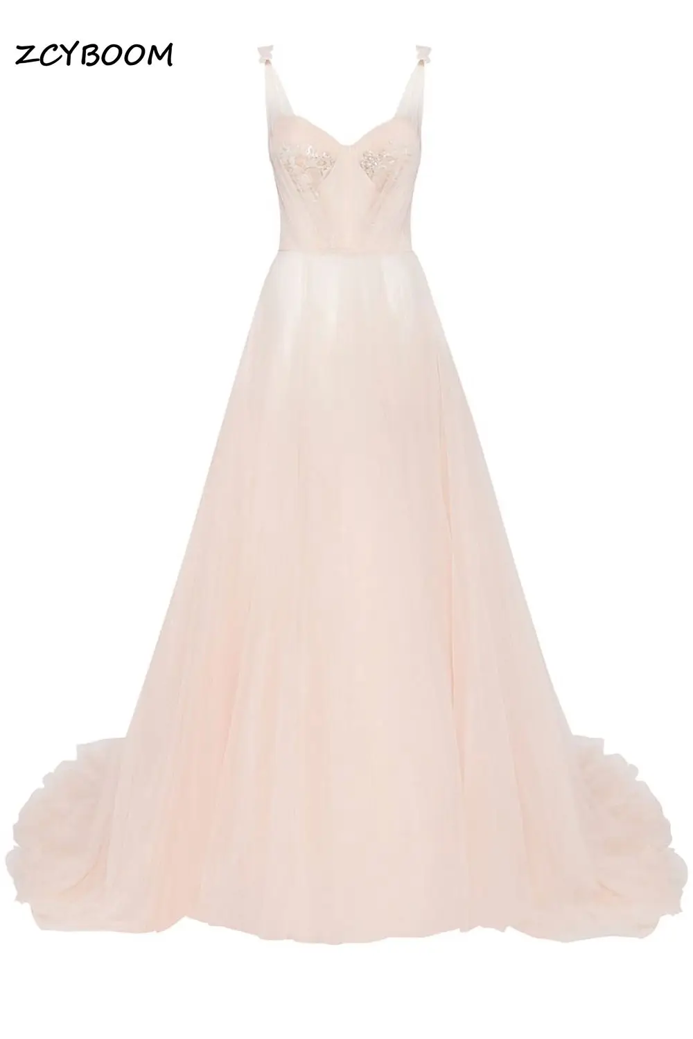 핑크색 퀸시네라 드레스 졸업식 백리스 튤 리본 숄더 스트랩 파티 드레스 아플리케 보디스 A라인 롱 드레스