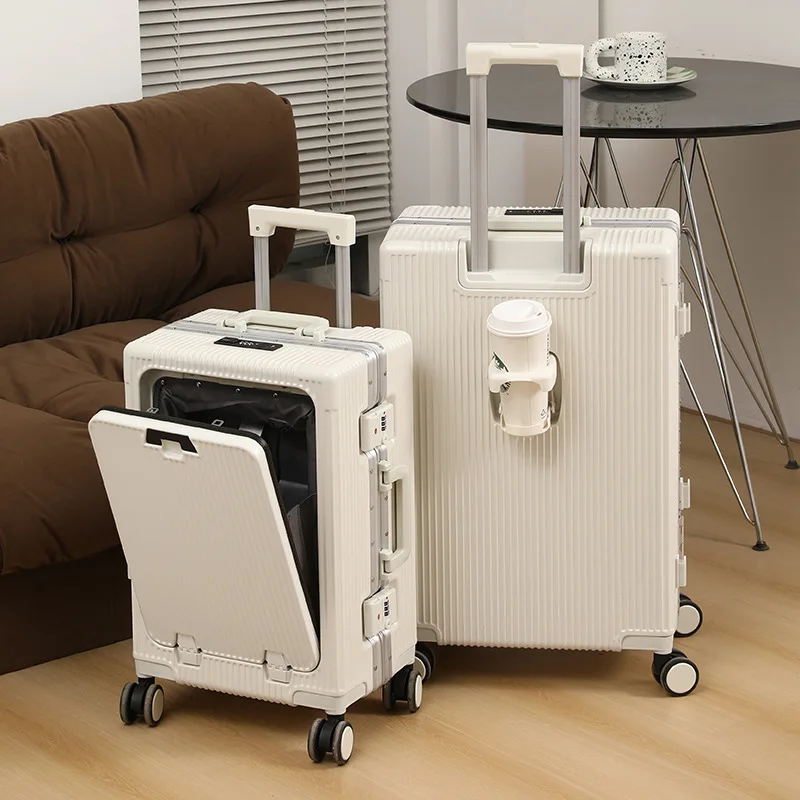 Trolley Suitcase Front Open Luggage Boarding Case Aluminum Frame Large Capacity USB Charging with Cup Holder Trunk 20 24 inch