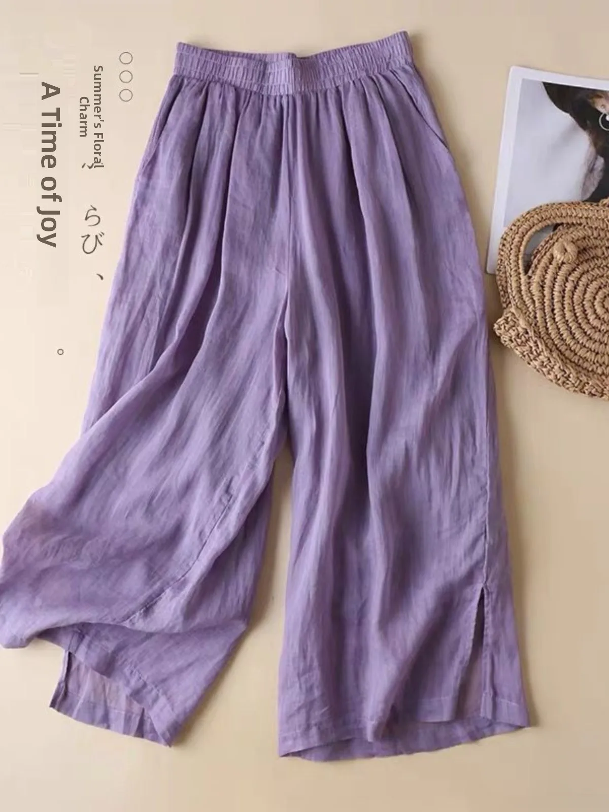 ハイウエストワイドレッグパンツ-レディース-春夏-ルーズ-テンセル麻綿リネン3点セット-シンプルダブルレイヤースカートパンツ-ロングトラウザーズ
