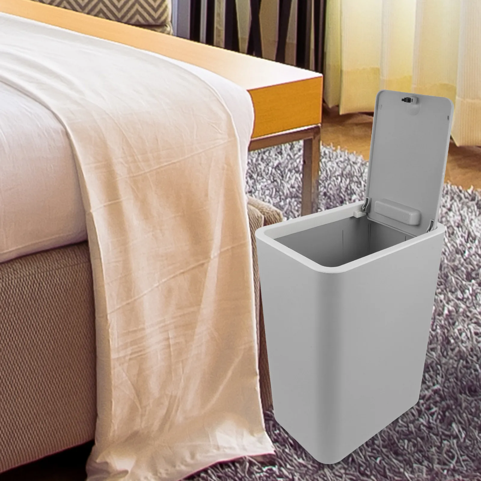 

15L Press to Open Trash Can Space Saving Rectangular Bin for Bathroom Kitchen Office Modern Plastic Wastebasket Grey