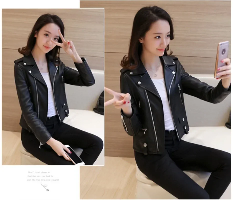 Women New Black Pu Jackets Chic Slim Solid Colors Pu Leather Jackets Zipper Long Sleeve Motorcycle Style Clothing Spring Autumn