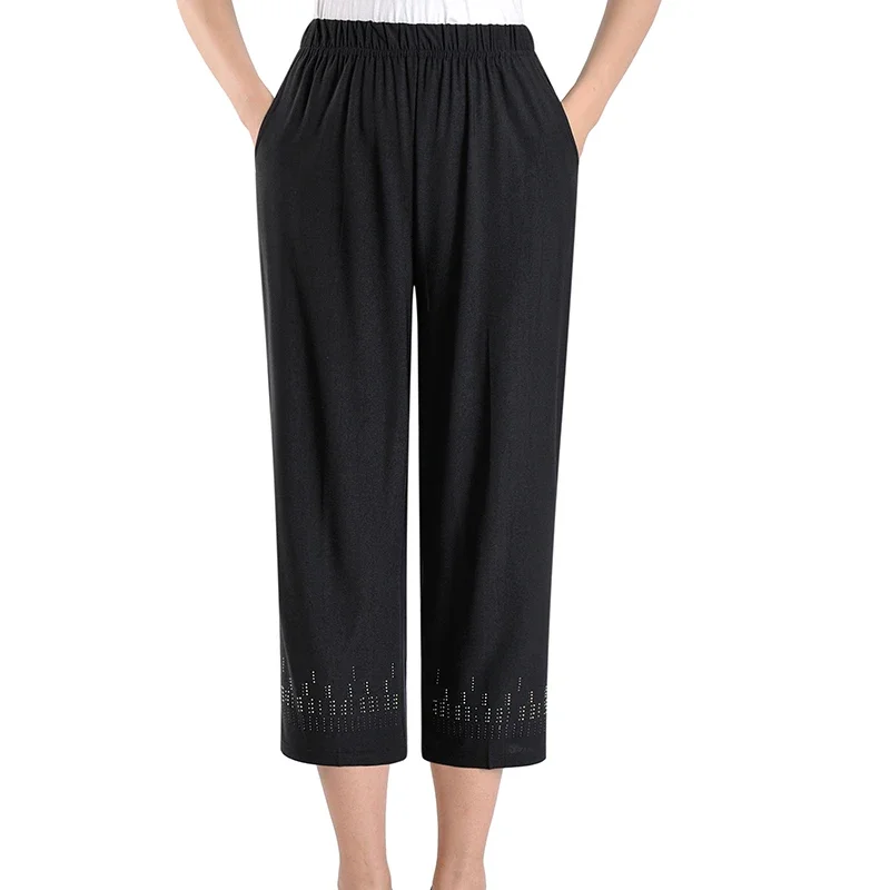 

Women's Elderly Casual Soft Fabric Elastic High Waist Loose Plus Size Rhinestone Cropped Capri Pants Daily Home Wear