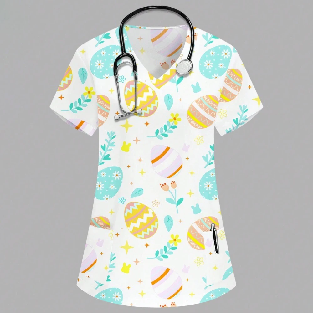 Women's Hospital Uniform Elegant Butterfly Print Obstetrics Nursing Tops V-Neck Micro-Stretch Short-Sleeved Tees Medical Clothes
