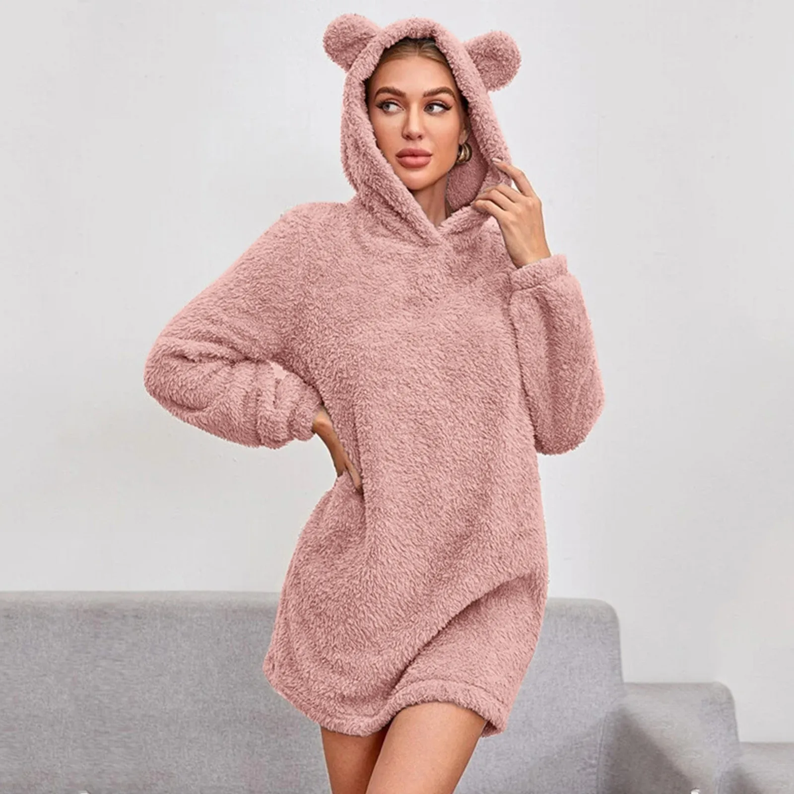 Cute Plush Bear Rabbit Ear Hoodie Women Solid Color Loose Hooded Pullover Sweater y2k Double-sided Velvet Warm Homewear Pajamas