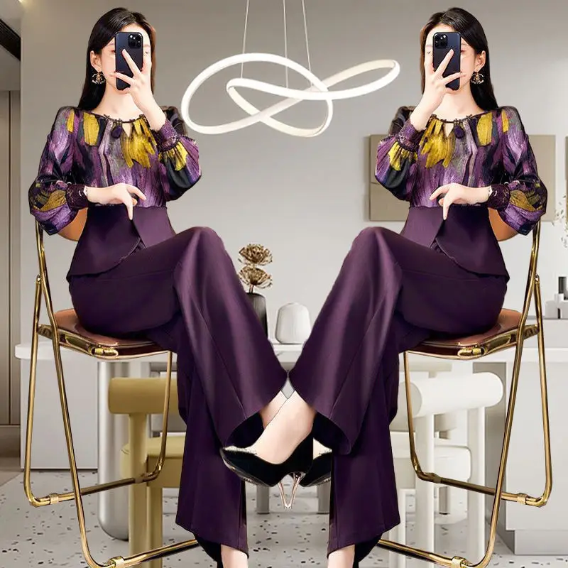 High End Temperament High-end Casual Fashion Design Sense Goddess Style Splicing Top Wide Leg Pants Two-piece Set