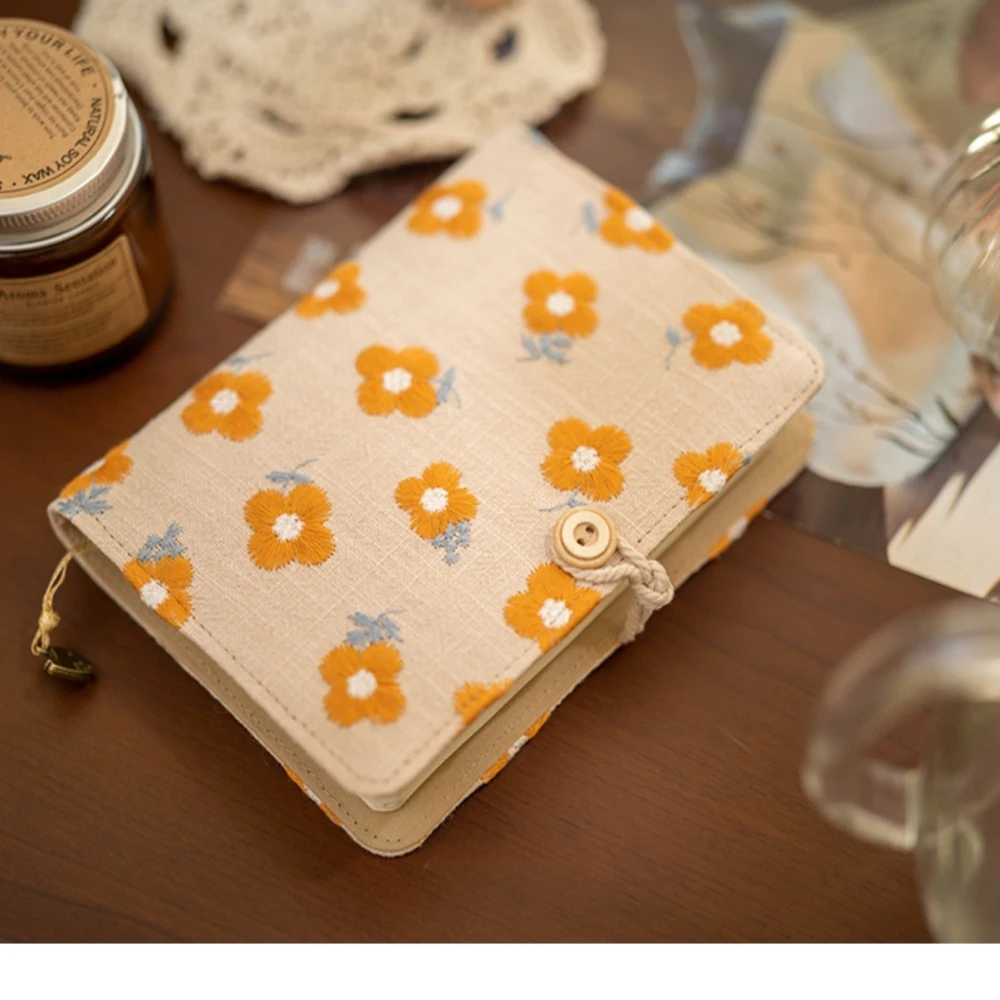 Embroidery Orange Flowers Journal Notebook Cotton Cover Loose Leaf A5 / A6 Binder Diary 6 Ring Planners Organizers Girl Gifts