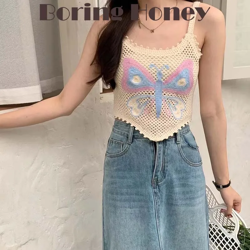 Boring Honey New Fashion All-Match Color Wearing Suspenders Female Summer French Sweet Spicy Vest Dopamine Wearing Top Women