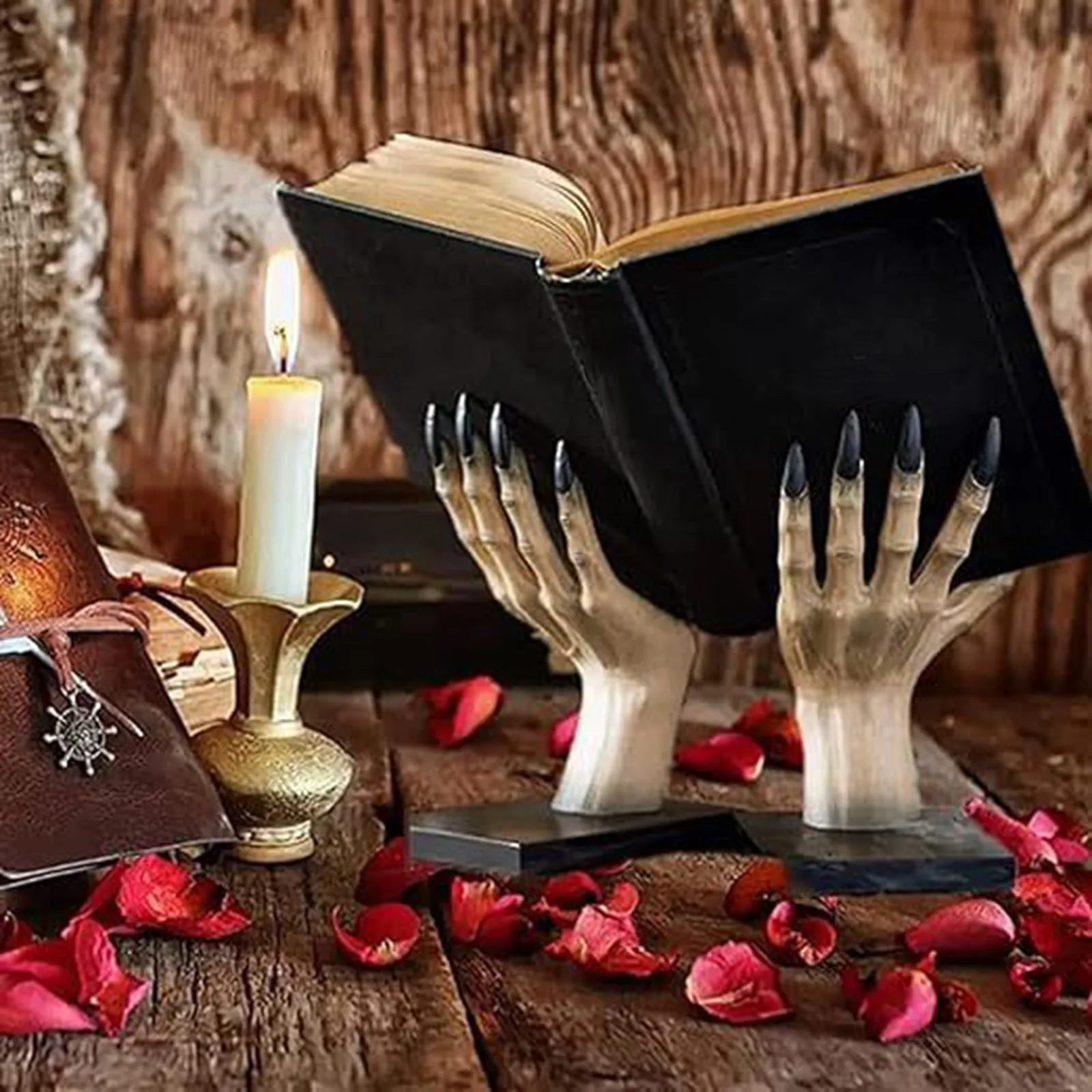 

Halloween Witch Hand Book Stand Resin Statue Bookshelf Scary Party Tabletop Home Decor Witch Book Holder Bookcase Bedroom Desk