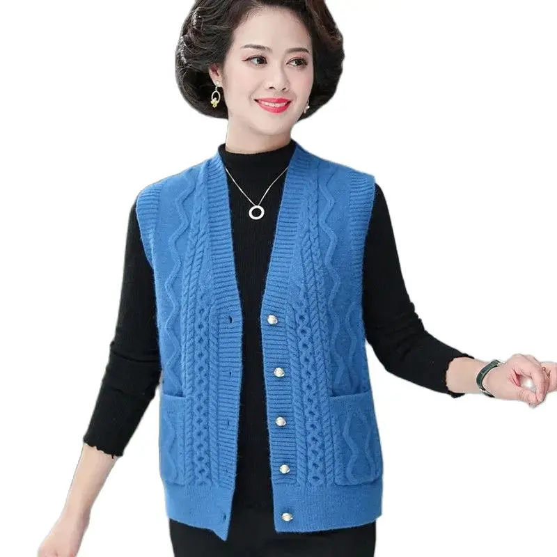 

Middle-Aged Elderly Mother Vest Spring Autumn V Neck Knitting Cardigan Vest Fashion Grandmother Waistcoat Women Sleeveless Vest